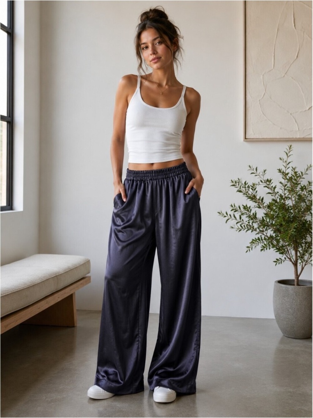 Kit and Ace Metallic Grey Wide Leg Satin Pants size Small